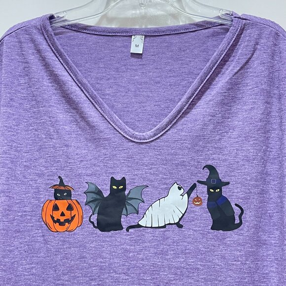New Halloween Fall Medium Tee Shirt Top V Neck Black Cat Theme - Picture 2 of 6